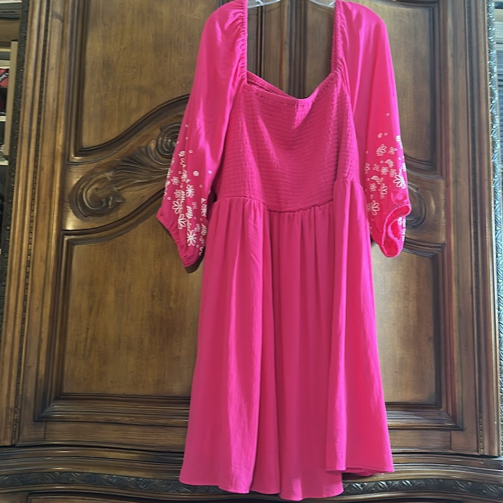 New Torrid Mini Crinkle Gauze Blouson Sleeve Dress in Cabaret Pink size 26 - Picture 7 of 11